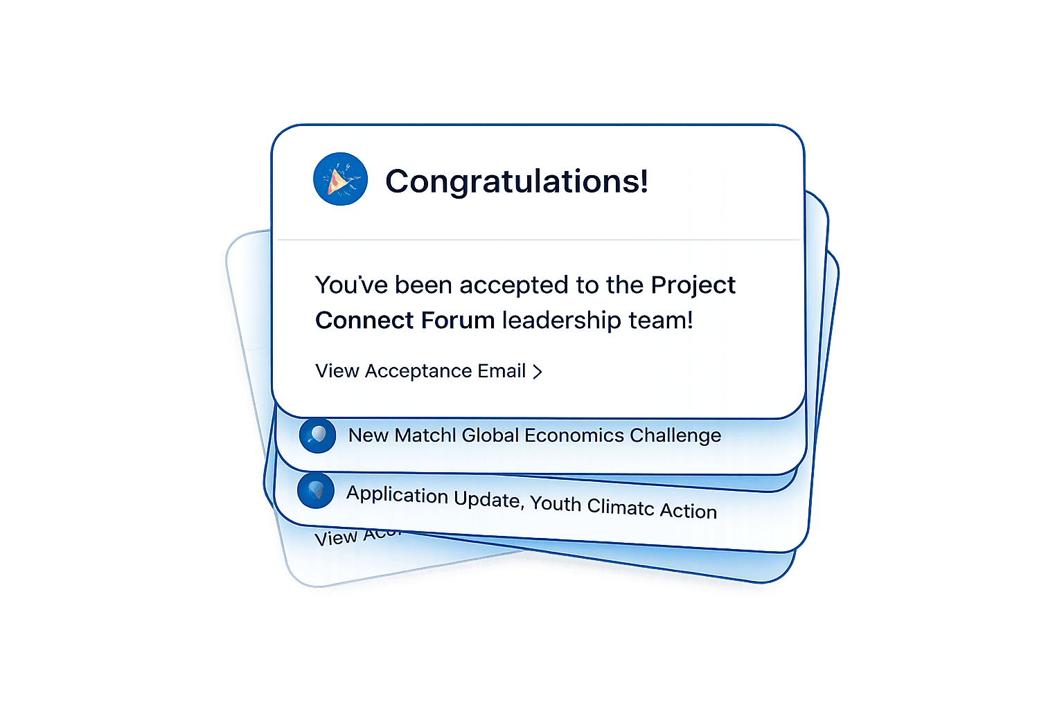 Congratulations notification card showing acceptance to Project Connect Forum